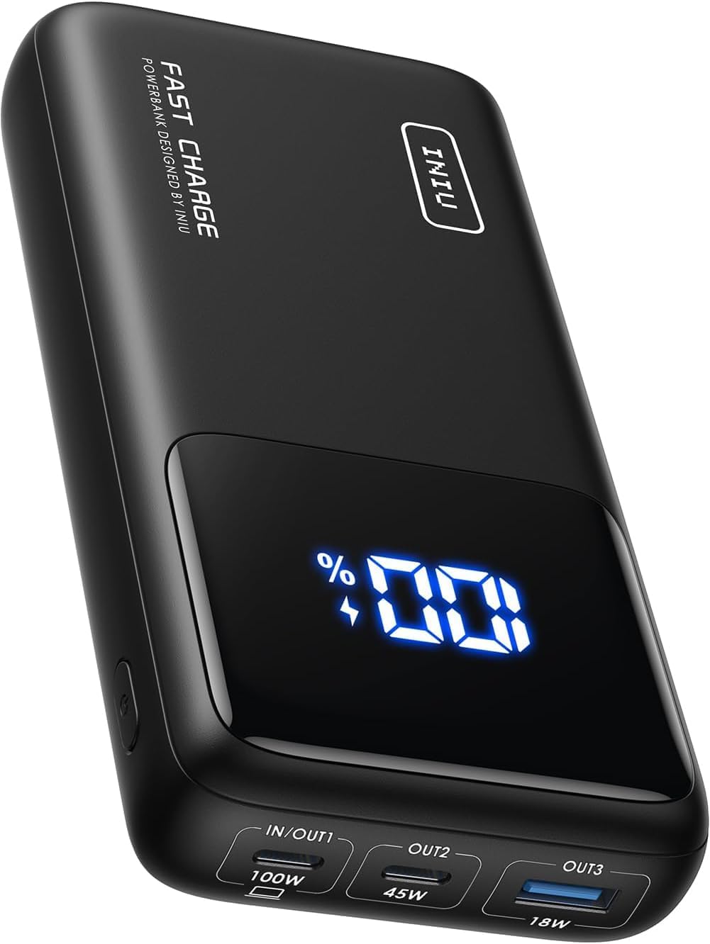 Power bank INIU Cougar P64 noir avec écran LED, câbles laptop, design robuste