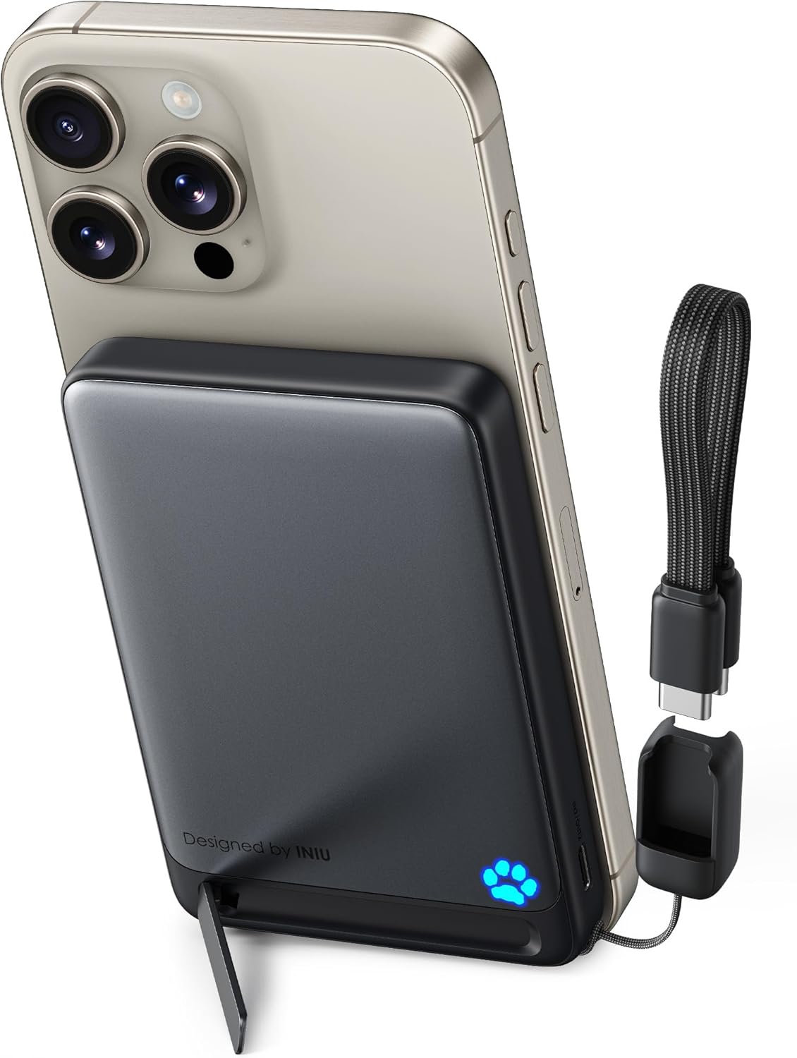 Power bank INIU MagPro Slim ultra-fin avec support MagSafe, design moderne noir