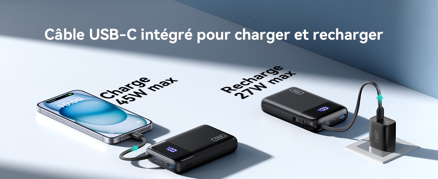Câble USB-C intégré pour charger et recharger